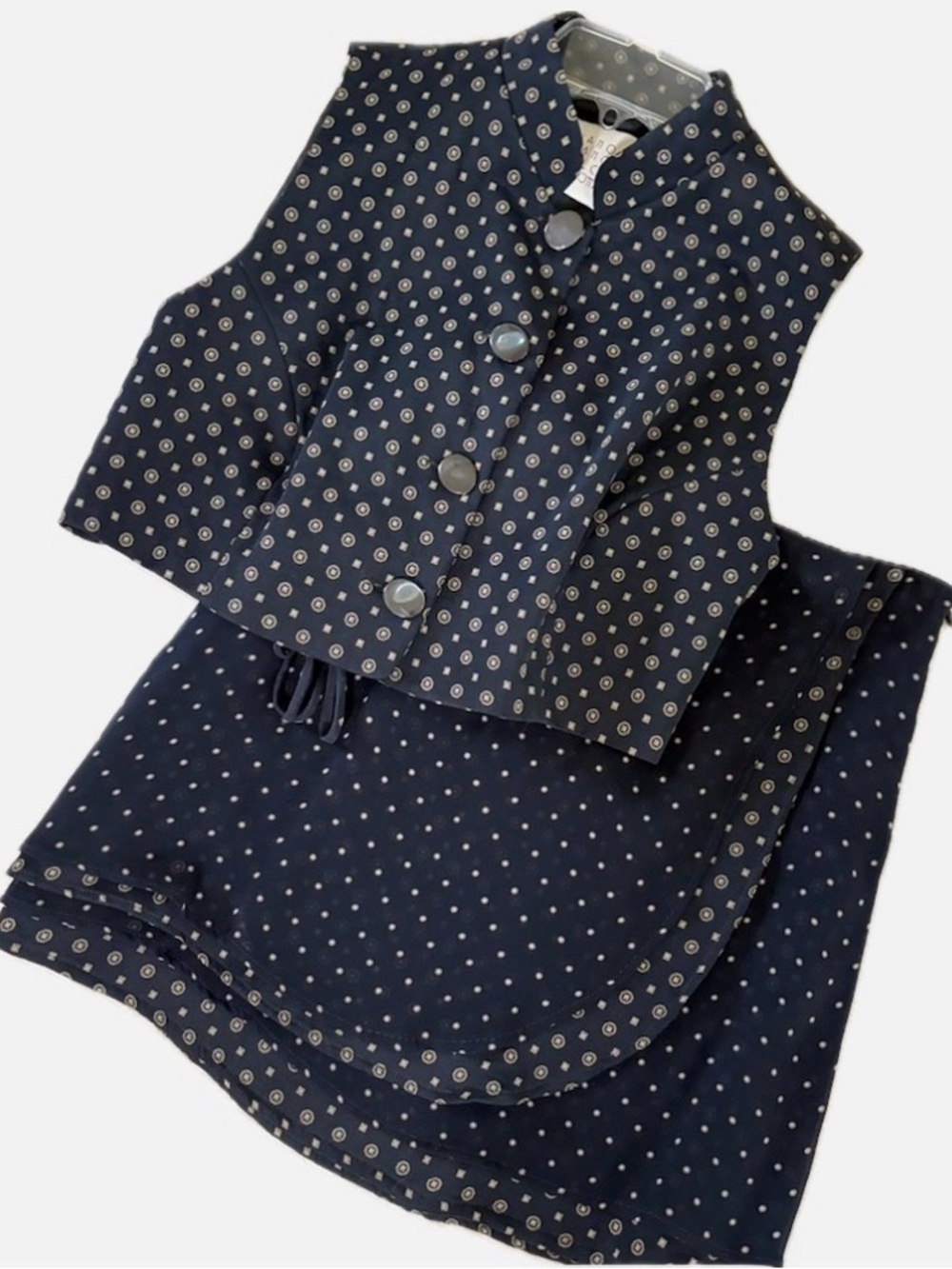 Sleeveless Button Front Crop Top & Mini Skirt Set in Black with Gold Dot Print